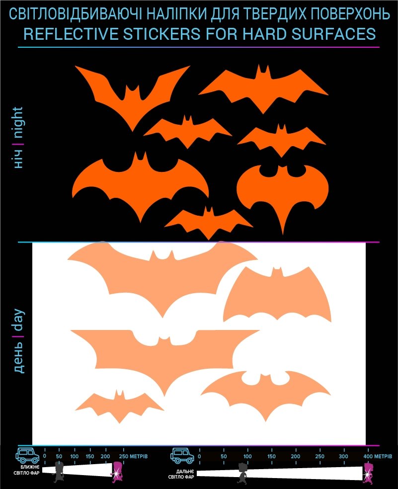 Bats reflective stickers, orange, hard surface photo