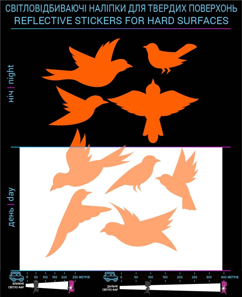 Birds reflective stickers, orange, hard surface photo