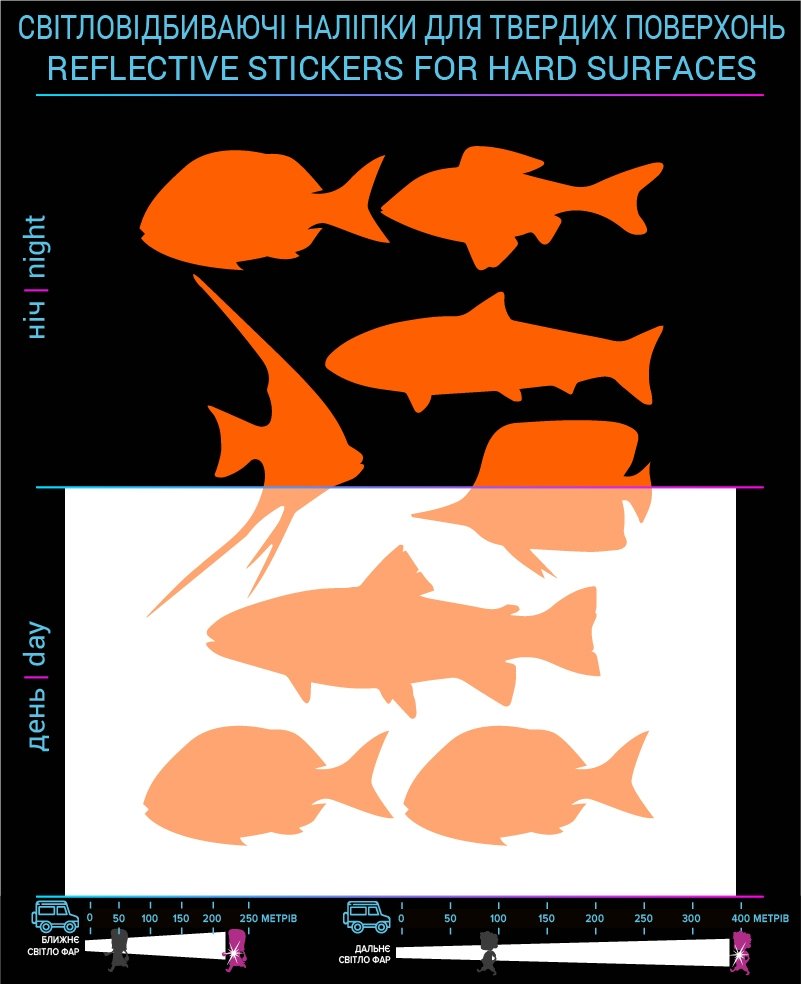 Fish reflective stickers, orange, hard surface