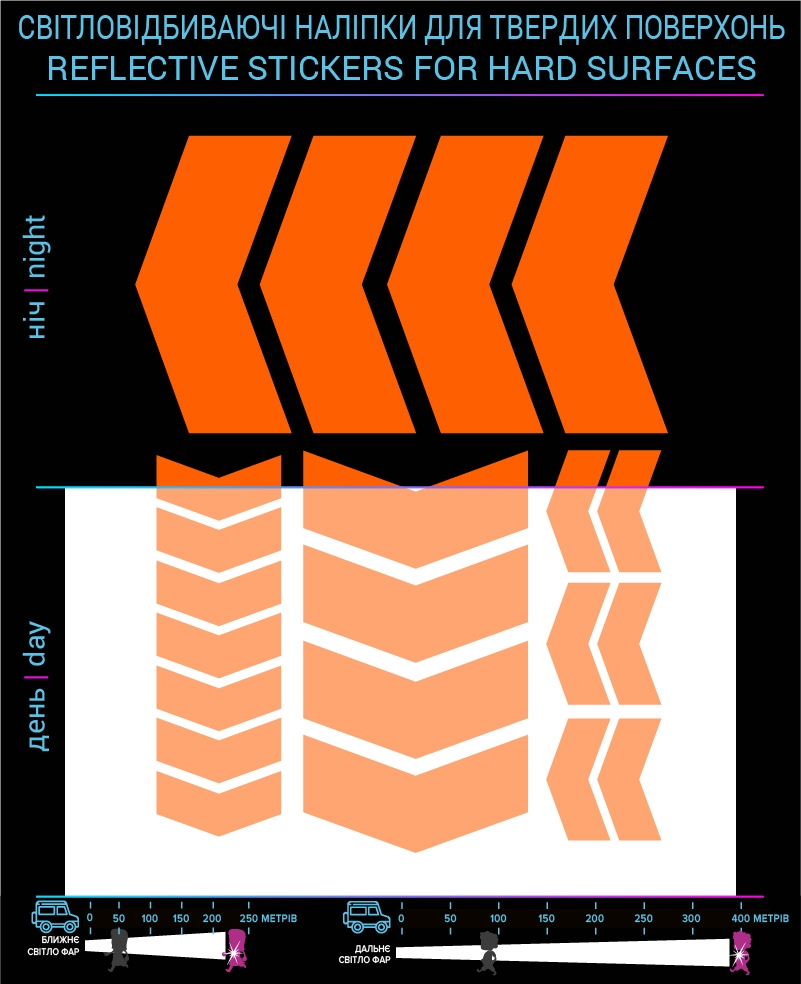 Arrows reflective stickers, orange, hard surface
