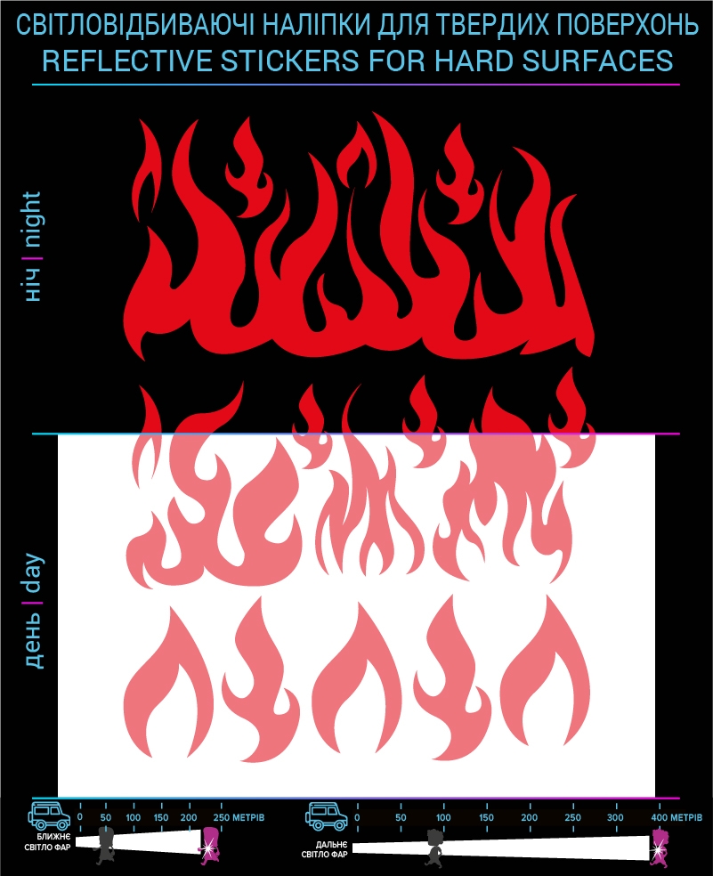 Flame reflective stickers, red, for solid surfaces photo