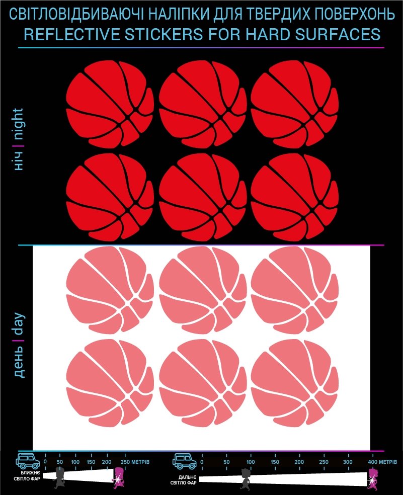 Basketball reflective stickers, red, for solid surfaces photo