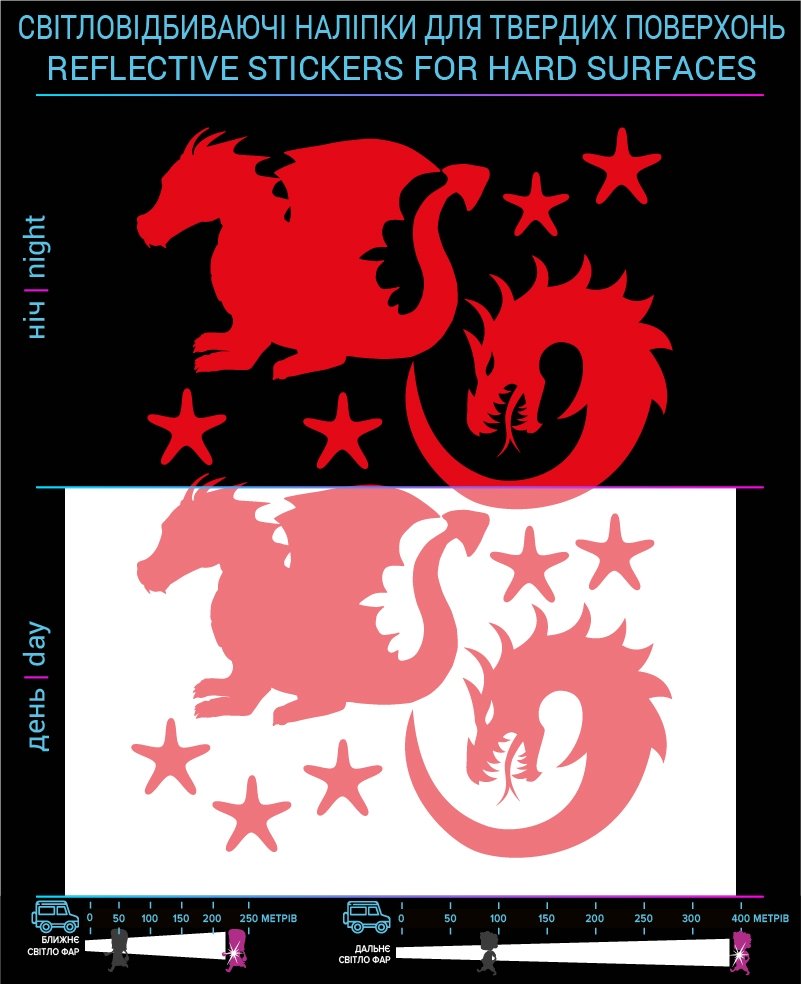 Dragon reflective stickers, red, for solid surfaces