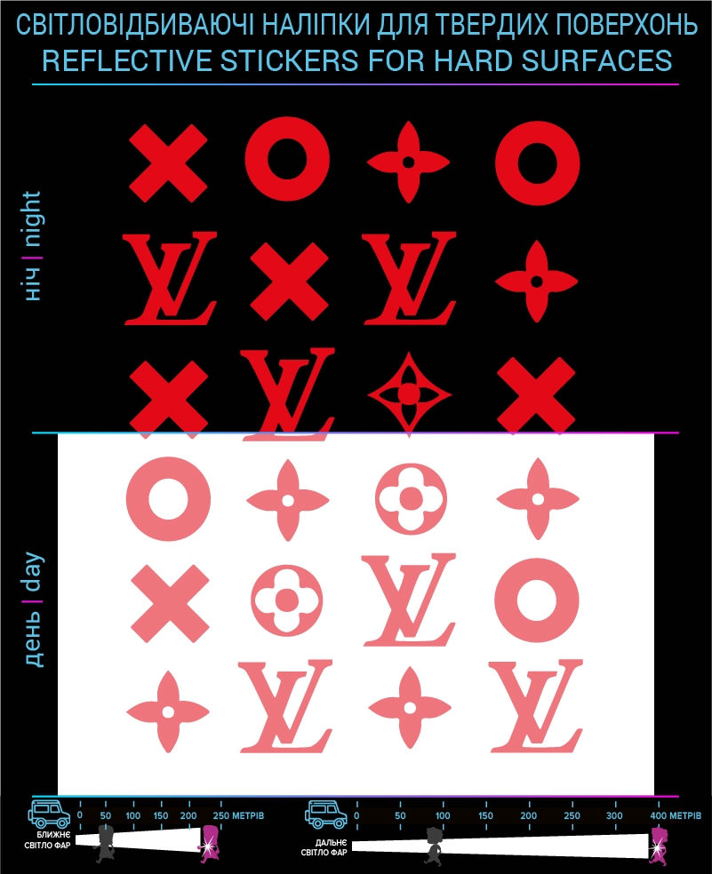 LV reflective stickers, red, for solid surfaces