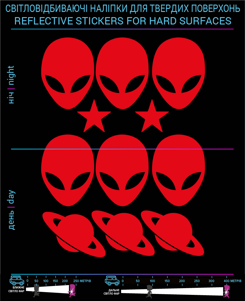 Наклейки Инопланетяни 2 светоотражающие, красные, для твердых поверхностей - фото 2