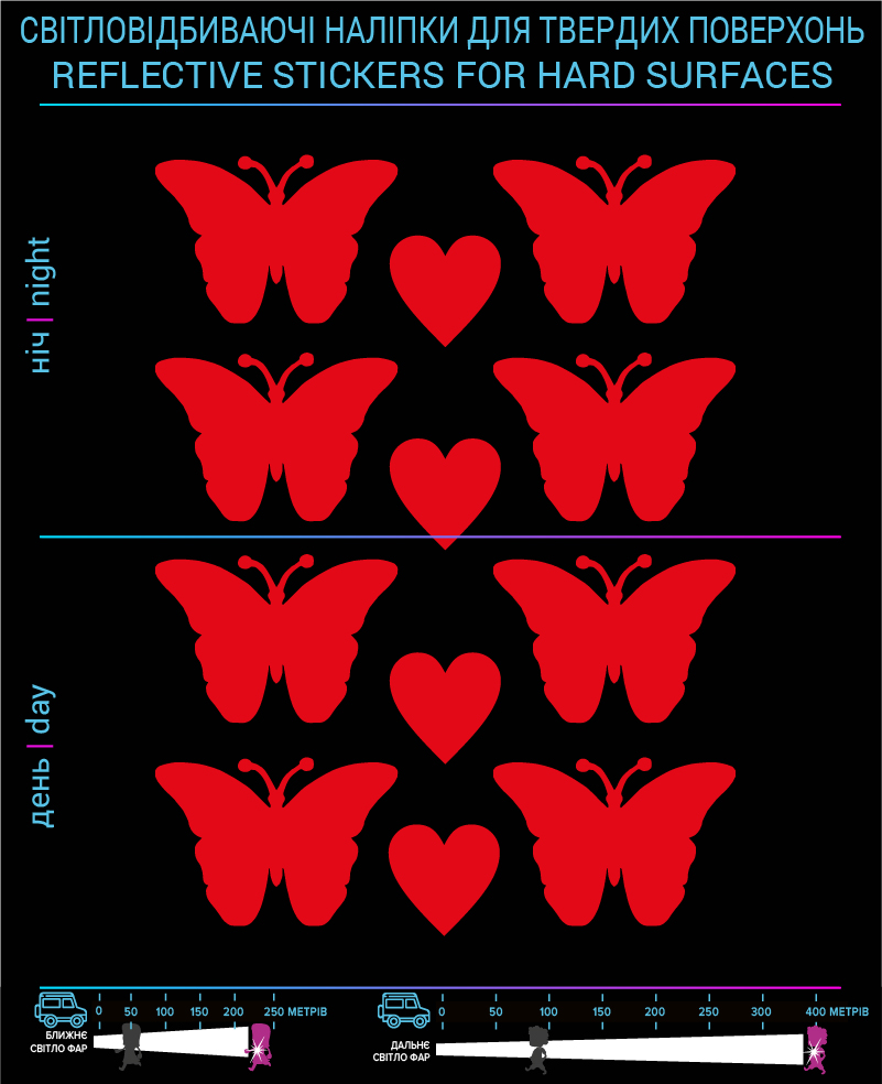Наклейки Бабочки светоотражающие, красные, для твердых поверхностей - фото 2