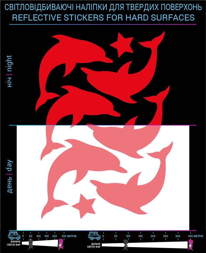 Dolphin reflective stickers, red, for solid surfaces