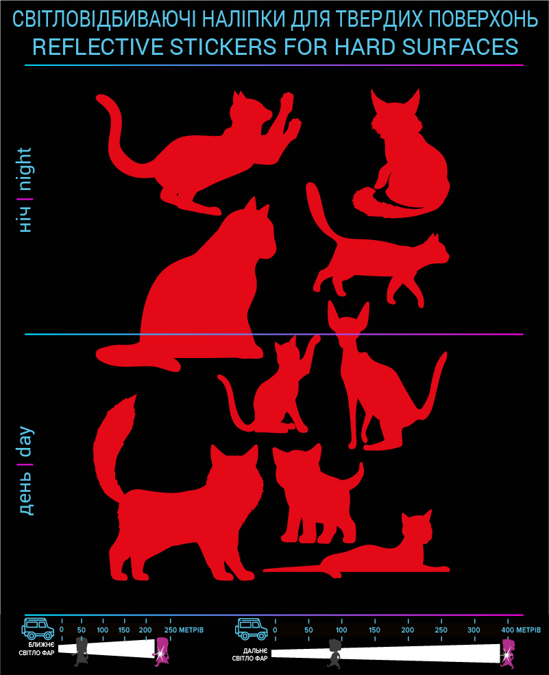 Наклейки Котики 1 светоотражающие, красные, для твердых поверхностей - фото 2