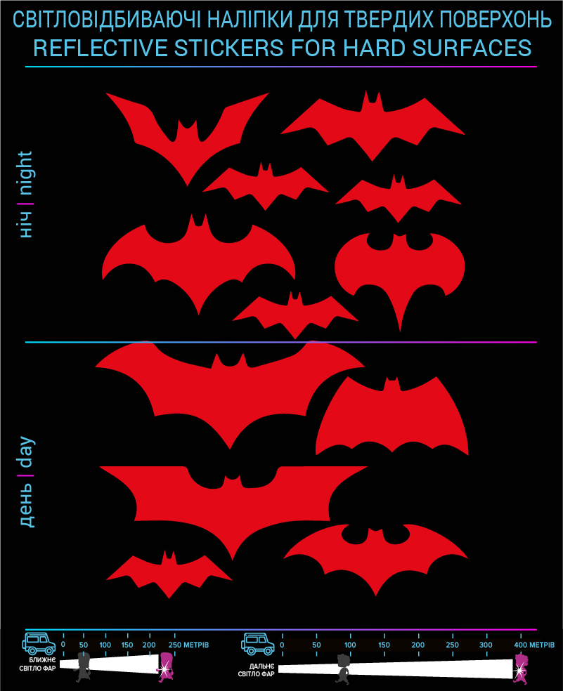 Bats reflective stickers, red, for solid surfaces - фото 2