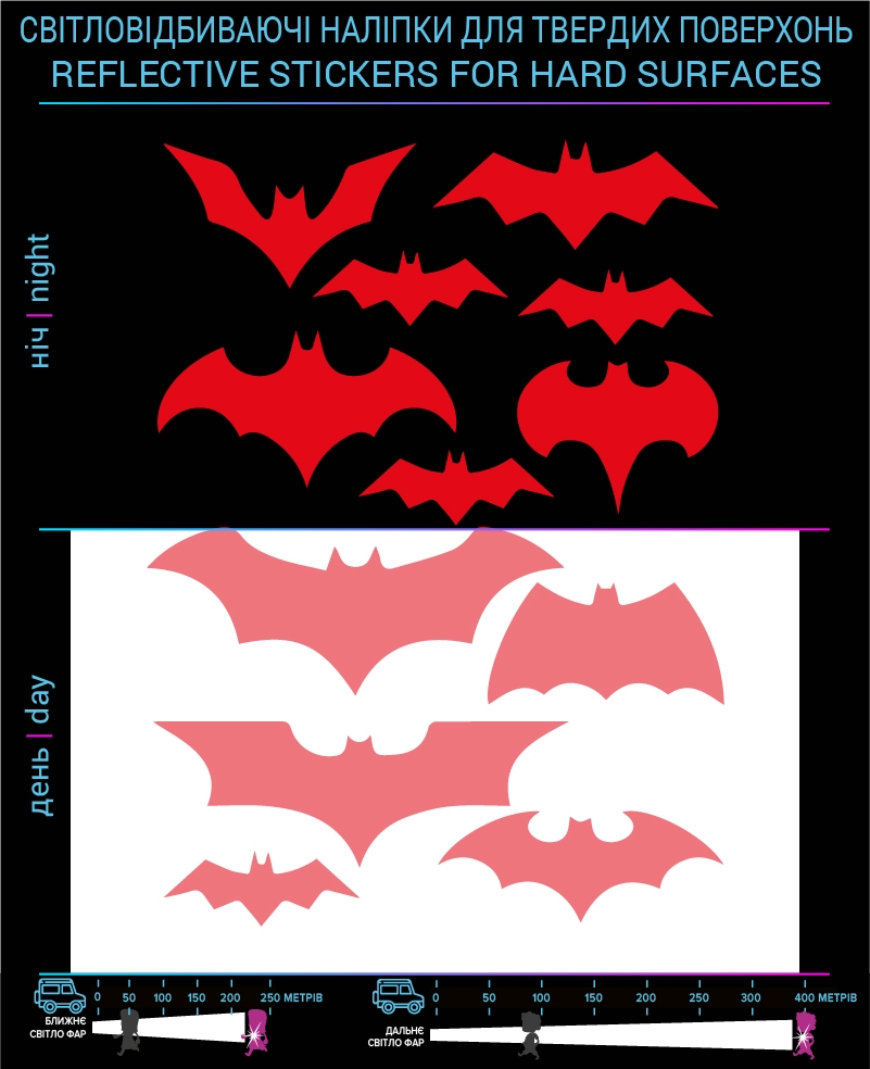 Bats reflective stickers, red, for solid surfaces