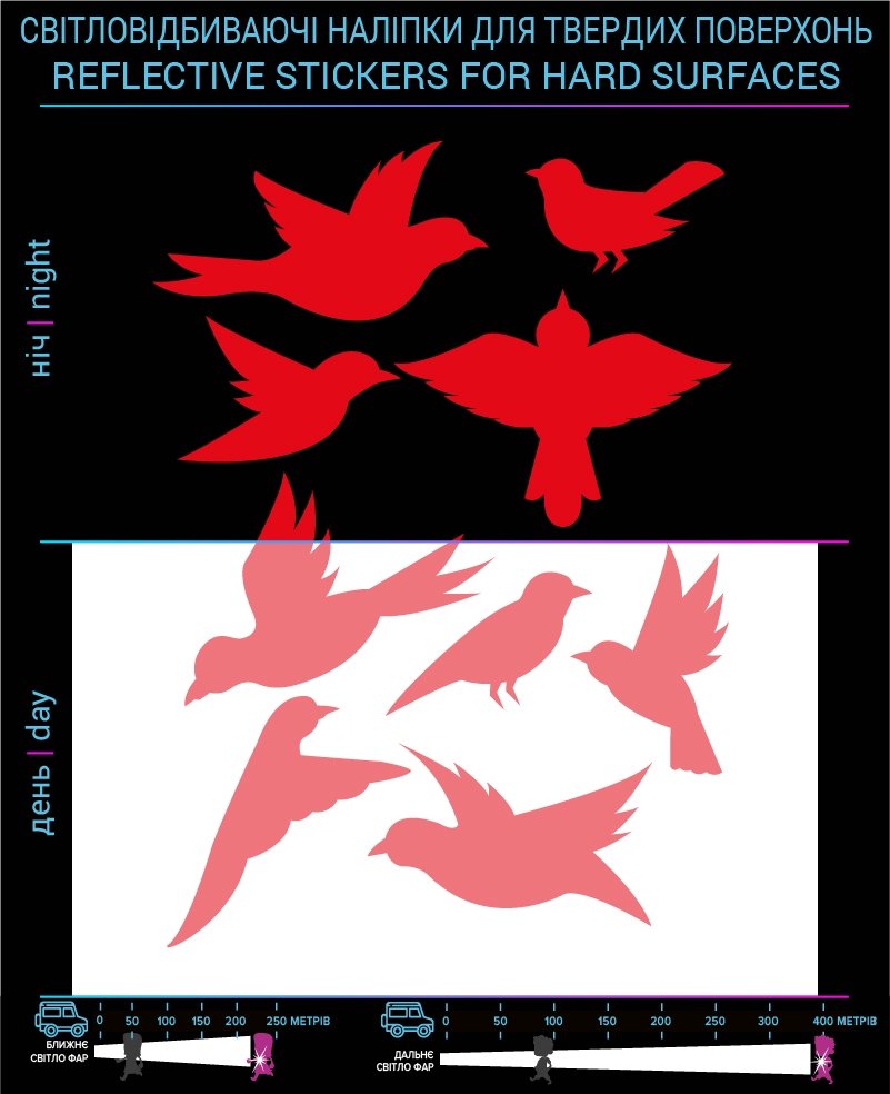 Birds reflective stickers, red, for solid surfaces photo