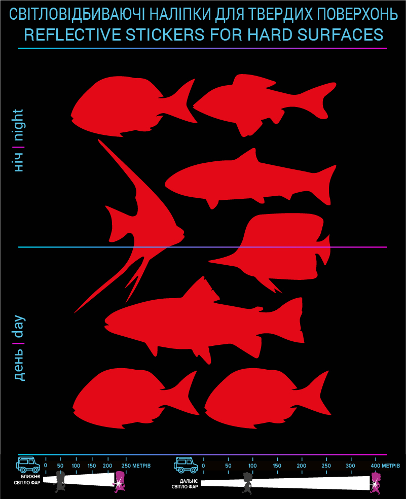 Fish reflective stickers, red, for solid surfaces - фото 2