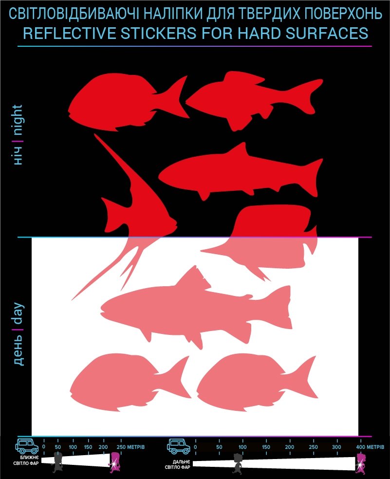 Fish reflective stickers, red, for solid surfaces