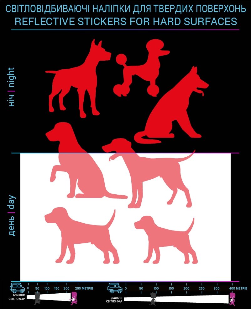 Dogs reflective stickers, red, for solid surfaces