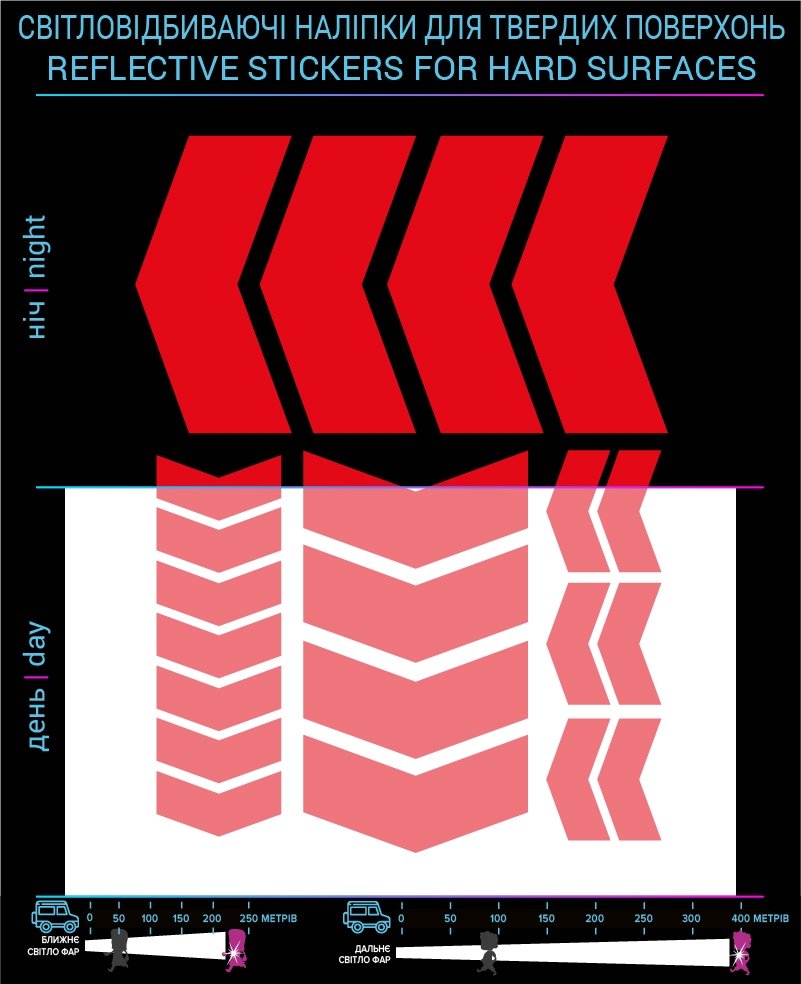 Arrows reflective stickers, red, for solid surfaces