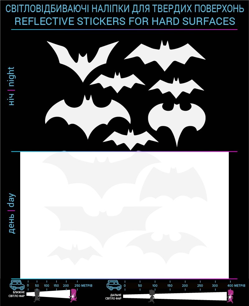Bats reflective stickers, white, hard surface