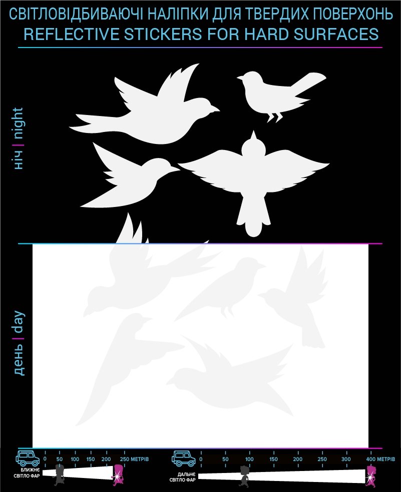 Birds reflective stickers, white, hard surface