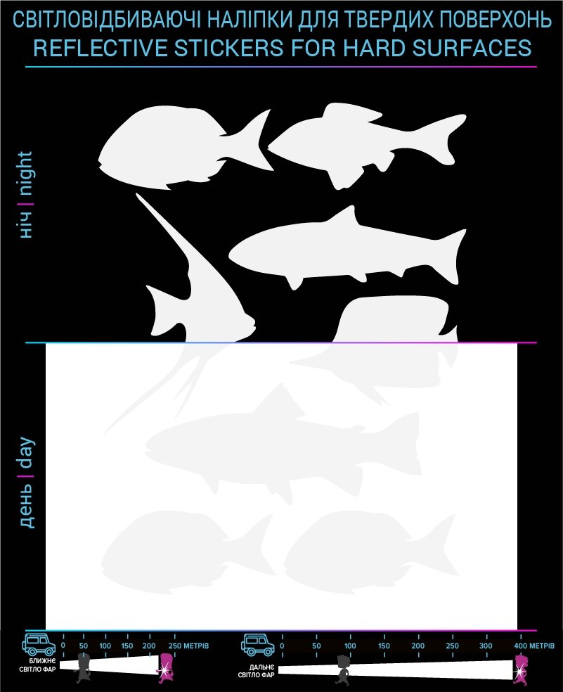 Fish reflective stickers, white, hard surface