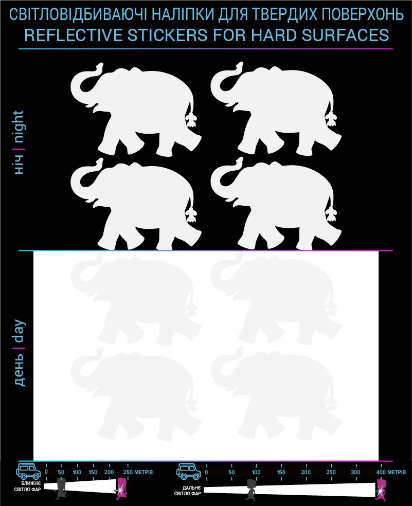 Labels elephants reflective, white, hard surface