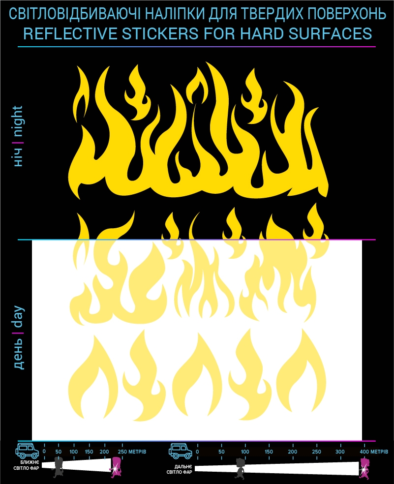 Flame reflective stickers, yellow, hard surface photo