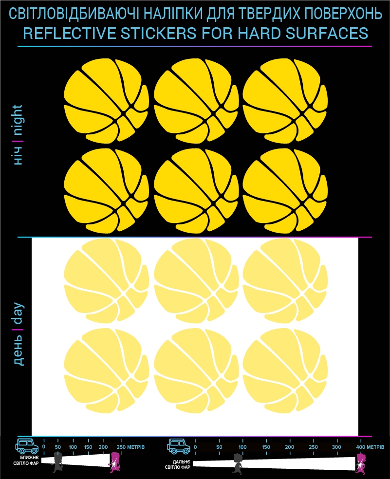 Наклейки Баскетбол светоотражающие, желтые, для твердых поверхностей фото