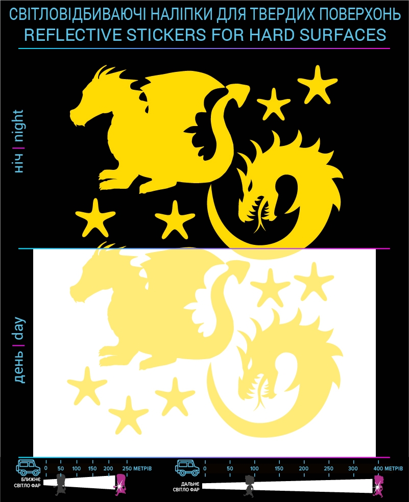Dragon reflective stickers, yellow, hard surface