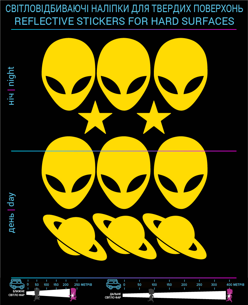 Наклейки інопланетянами 2 світловідбиваючі, жовті, для твердих поверхонь - фото 2