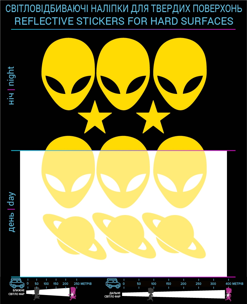Наклейки Инопланетяни 2 светоотражающие, желтые, для твердых поверхностей