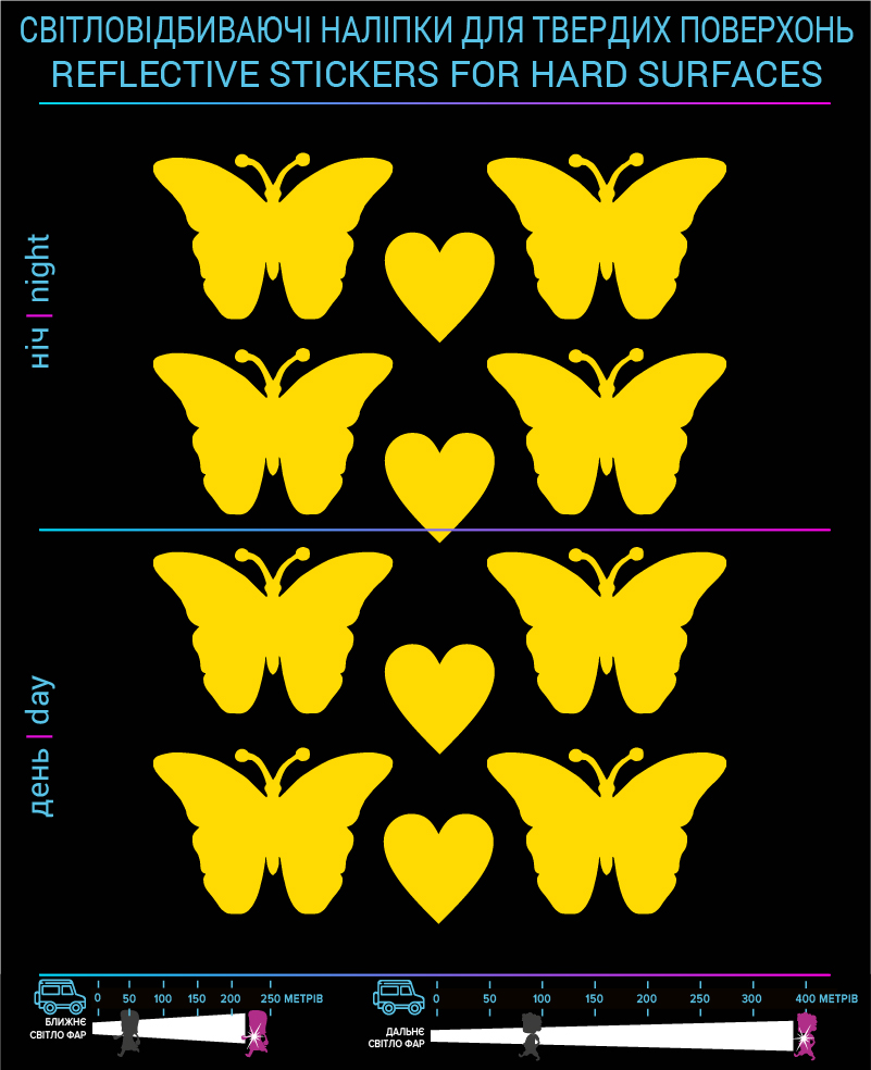 Наклейки Бабочки светоотражающие, желтые, для твердых поверхностей - фото 2