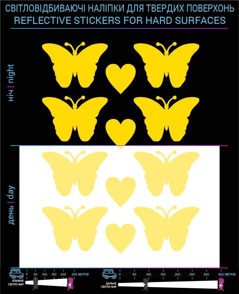Наклейки Бабочки светоотражающие, желтые, для твердых поверхностей
