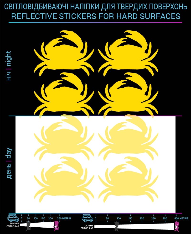 Crabs reflective stickers, yellow, hard surface