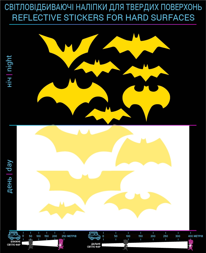 Bats reflective stickers, yellow, hard surface