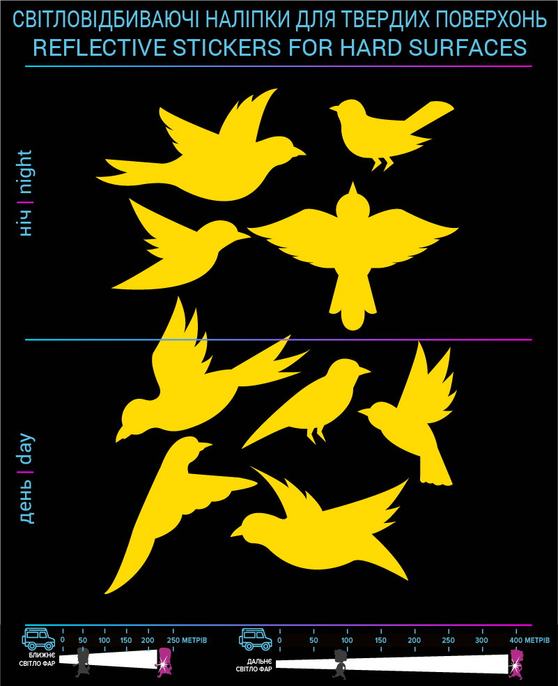 Наклейки Птицы светоотражающие, желтые, для твердых поверхностей - фото 2