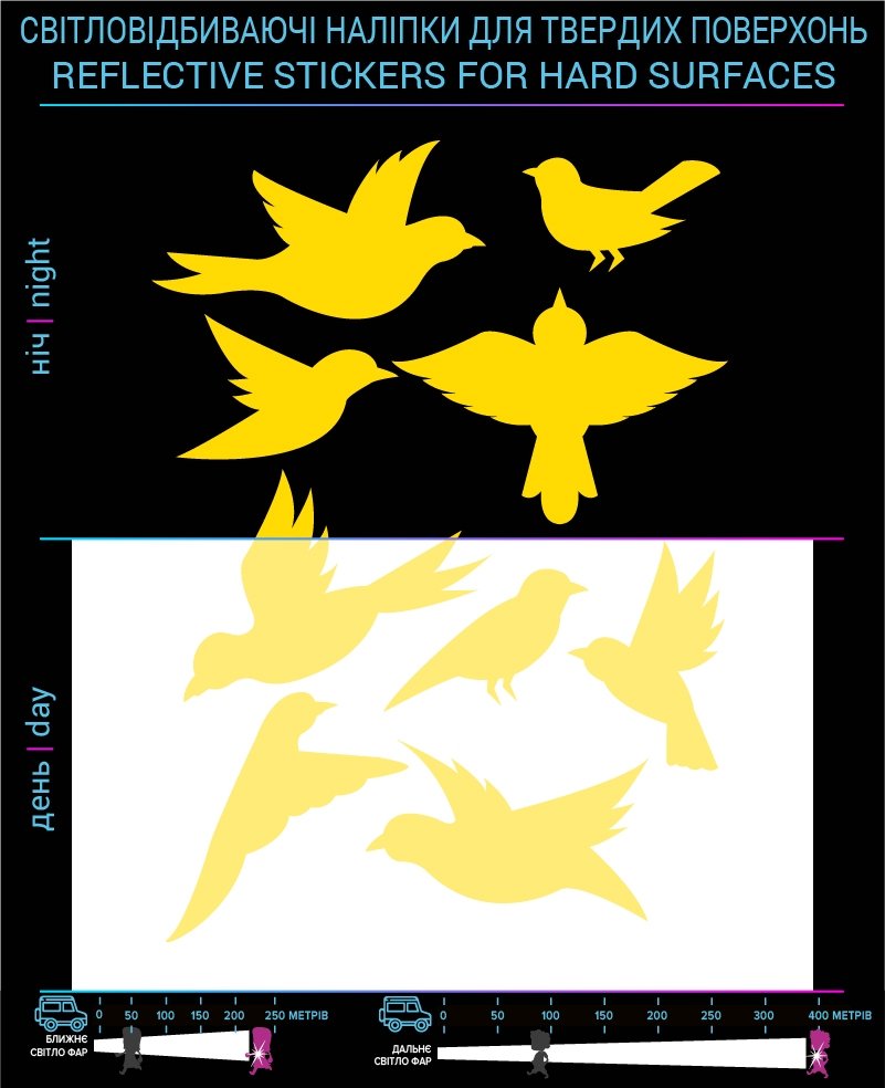 Наклейки Птицы светоотражающие, желтые, для твердых поверхностей