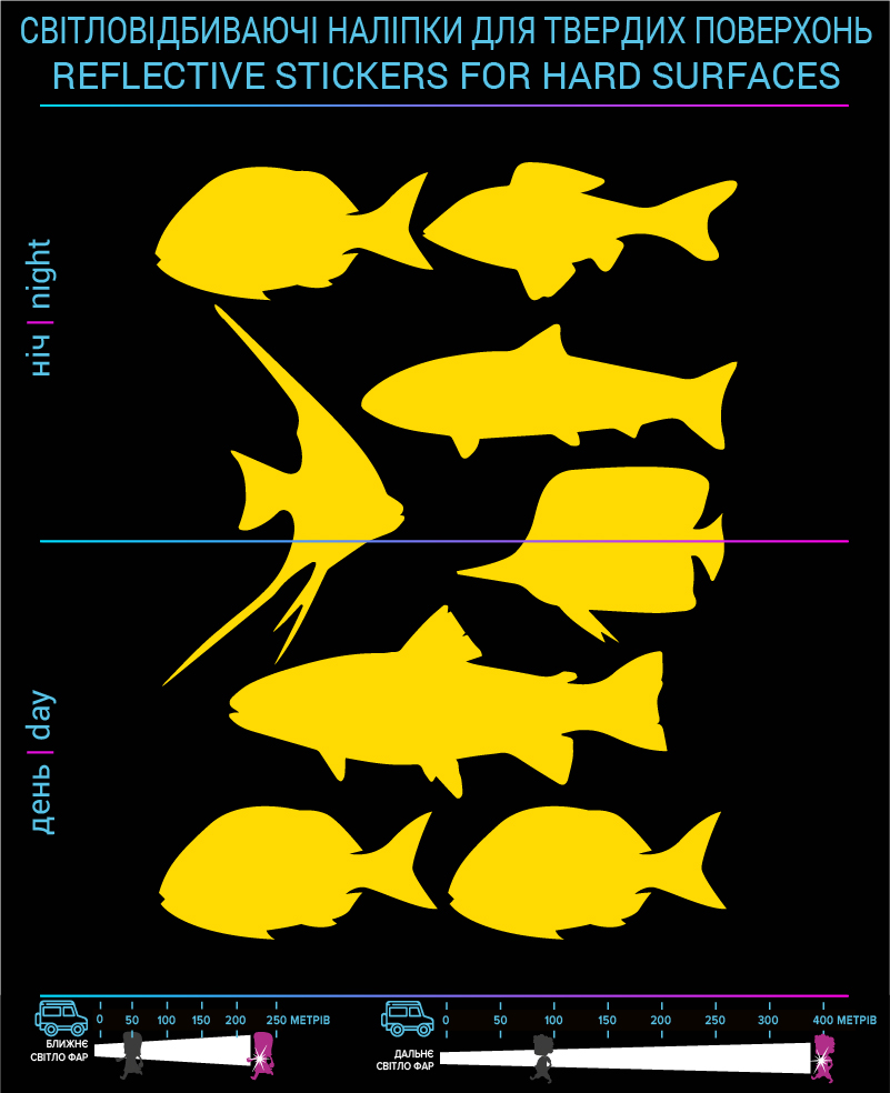Наклейки Рыбы светоотражающие, желтые, для твердых поверхностей - фото 2