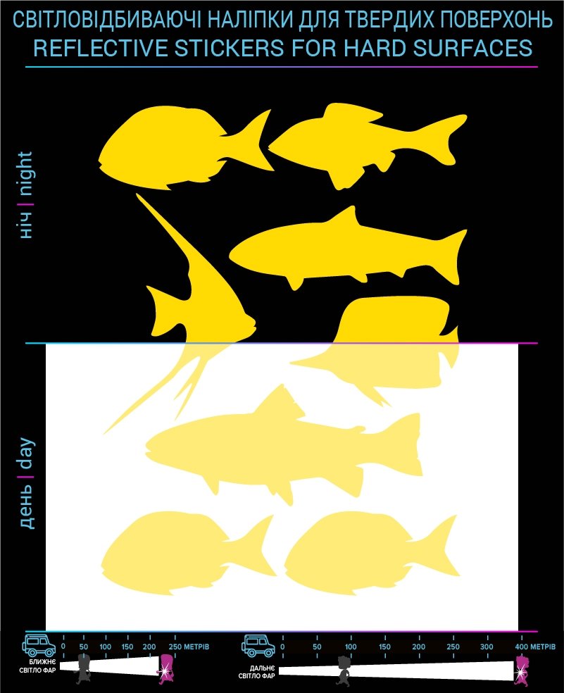 Наклейки Рыбы светоотражающие, желтые, для твердых поверхностей
