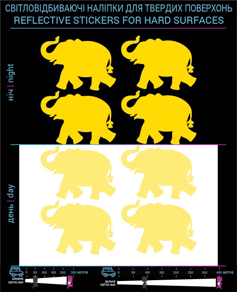 Наклейки Слоны светоотражающие, желтые, для твердых поверхностей