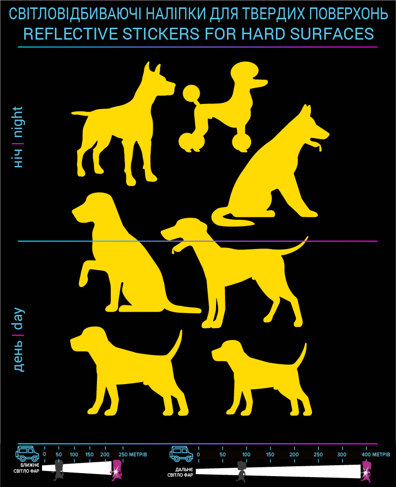 Наклейки Собачки светоотражающие, желтые, для твердых поверхностей - фото 2