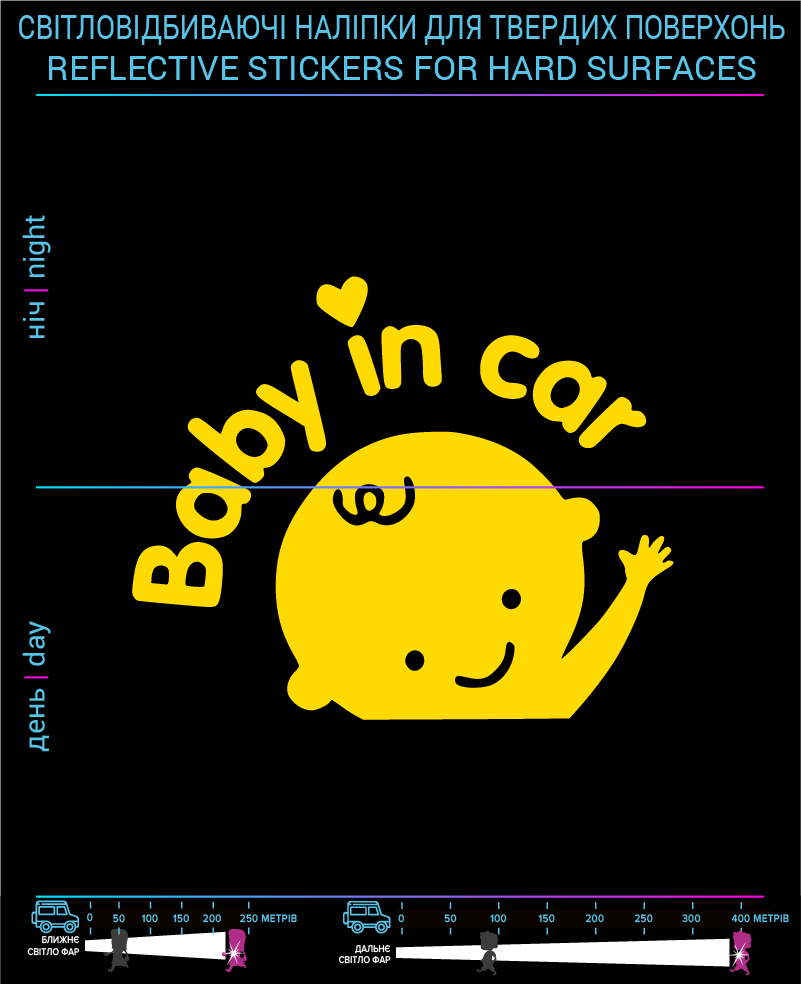 Наклейки Baby in Car , желтые, для твердых поверхностей - фото 2