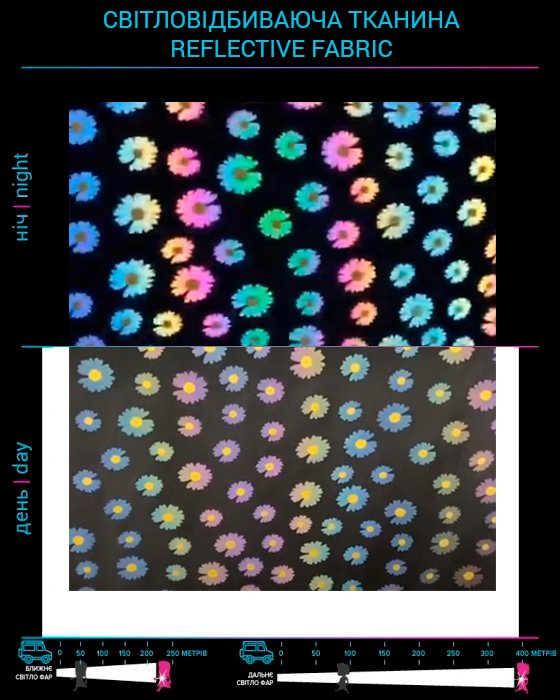 Rainbow reflective fabric with spandex and with "Chamomiles" Print photo