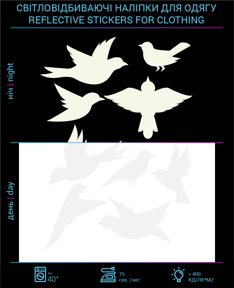 Reflective stickers Birds for textiles